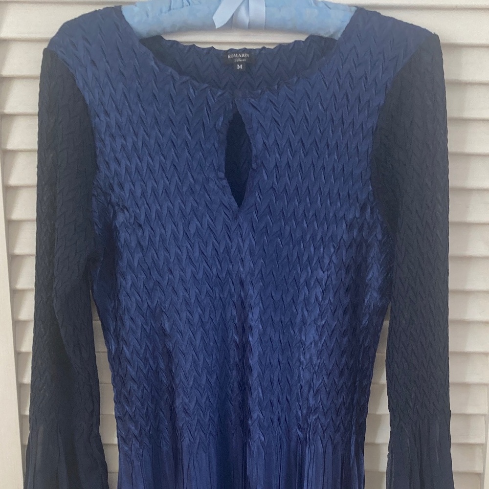 Komarov Blue Charmeuse & Chiffon Long Bell Sleeve Pleated Midi Dress – Size M
